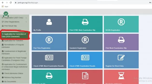 Click on “Application for Correction of Data”