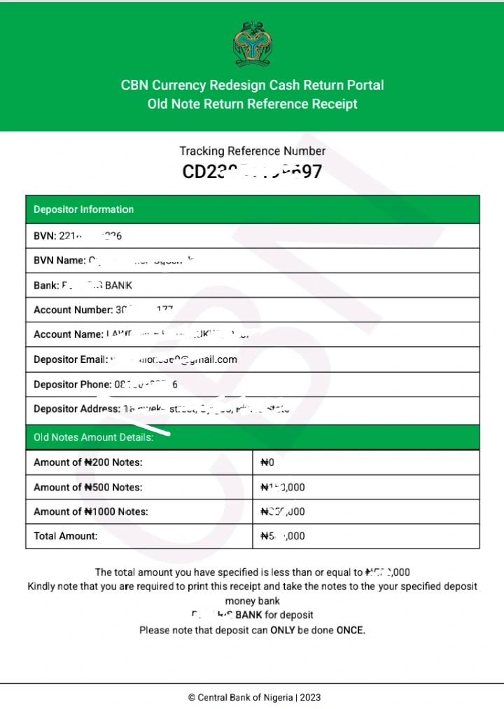 Cbn receipt for deposit of old notes