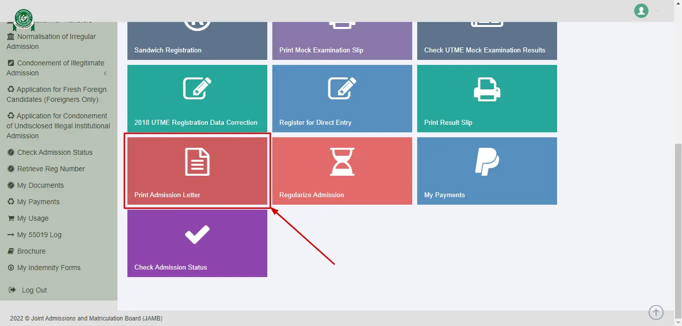 print jamb admission letter