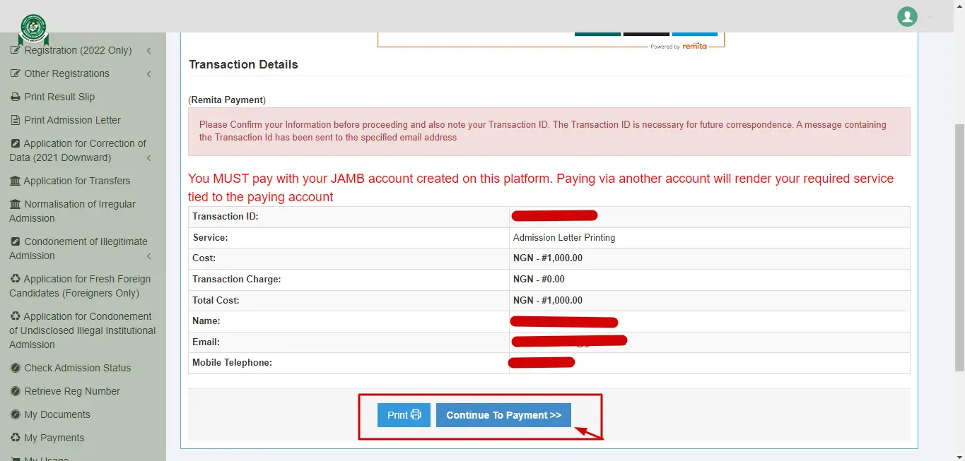 print jamb admission letter